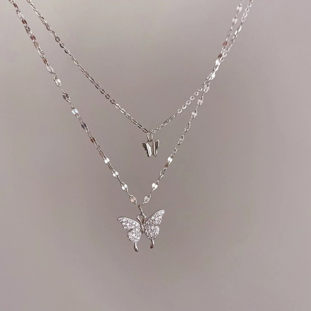 NEW Silver Gold Cute Double Layer Shiny Butterfly Necklace - Picture 3 of 6